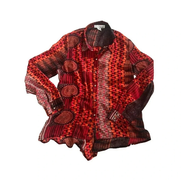 Sans Souci Orange Black Red Aztec Long Sleeve Button Down Sheer‎ Top Size Large - Picture 1 of 4